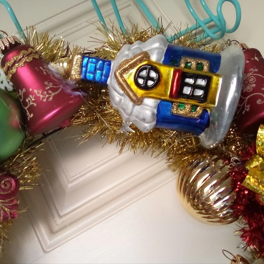 Vintage Ornaments Holiday Wreath Handmade Blue Red White